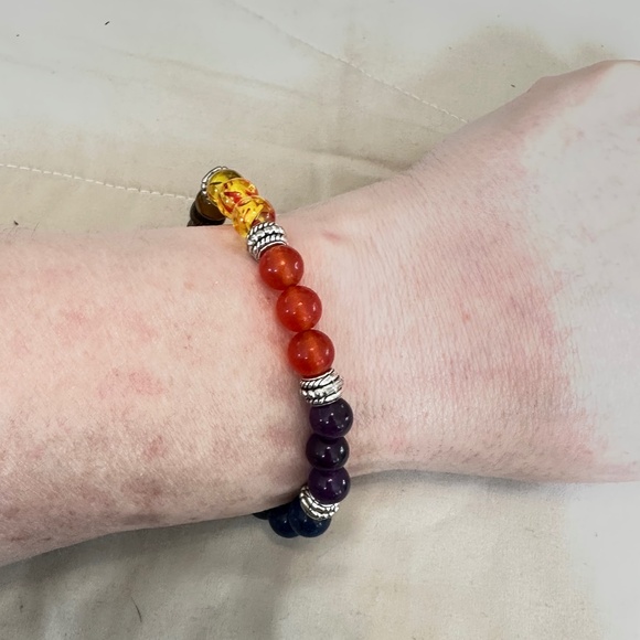 2/$10 Multicolor 7 stone chakra stretchy bracelet w/silver tone spacer beads - Picture 7 of 16